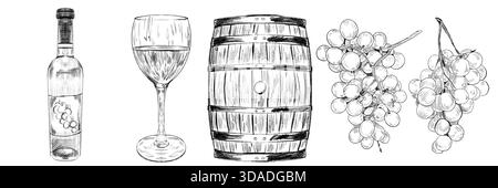Set mit Holzfass, Glas Wein und Traubenzweig mit Trauben und Blättern. Das Konzept der Weinbereitung, der Erzeugung und des Verkaufs von Wein. Grafiken Stock Vektor