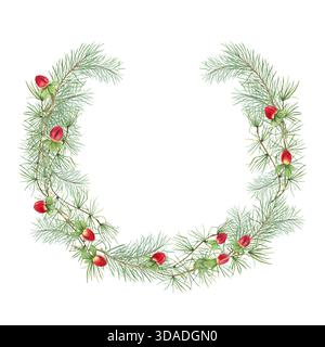 Aquarellgrün-Kiefernzweige mit rotem hypericum-Beerenkranz auf isoliertem Hintergrund. Weihnachtsillustration mit immergrünem Zweig für die Weihnachtsgrüße Stockfoto