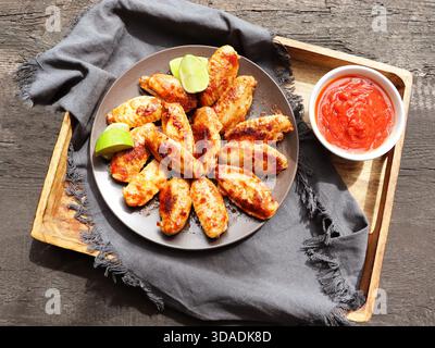 Scharfe Chicken Wings mit Limette und roter Dipping Sauce auf einem Holztablett Stockfoto