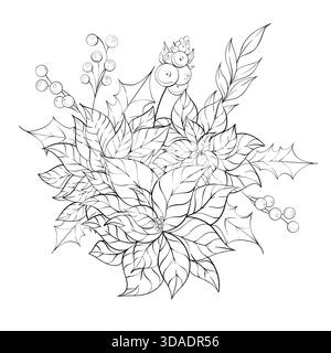 Blumenarrangements mit Weihnachtsleuten und Beeren im Simple Line Art Stil, in denen Naturschönheiten und Feiertagsthemen präsentiert werden Stock Vektor