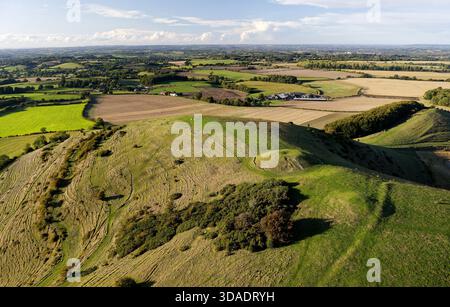 Das Cley Hill Camp ist eine universelle Hügelanlage aus der Eisenzeit in der Nähe von Warminster, Wiltshire. Die beiden zentralen bronzezeitlichen Schüsselkarren von Süden aus gesehen Stockfoto