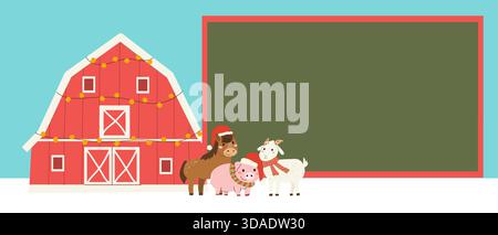 Weihnachtsfarm Hintergrund mit Bauernhof und Pferd, Schwein und Ziege in santa Hut. Zeichentrickvektor Xmas Vorlage für Kinderdesigns. Grüntafeln mit Stock Vektor