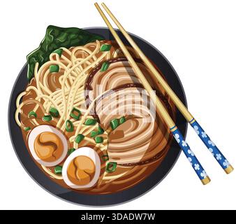Reichhaltige japanische Ramen-Schüssel mit Ajitama-Ei und Chashu-Schweinefleisch: Vektorkunst von oben auf Nudelsuppe mit Nori, grünen Zwiebeln und Stäbchen Stock Vektor