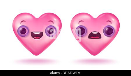 Vektor-Ikone mit rosa Herzen mit süßem Kawaii-Gesicht zum Valentinstag in realistischem 3D-Stil. Realistisches Vektor-Banner mit niedlichem Herz auf rosa Hintergrund. Stock Vektor