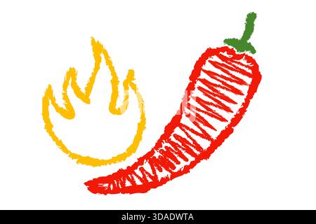 Vektor-Illustration eines scharfen Chili-Pfeffers mit Flamme im Handzeichnungsstil. Vektorsymbol von rotem Chili für mexikanische oder thailändische Speisen Zeichnung vom Bleistift. H Stock Vektor