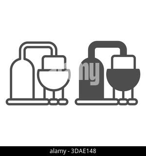 Lagerung von Tanks, Rohre mit Wasserfilterlinie und festem Symbol, Fertigungskonzept, Zisterne, Flaschenbehälterschild auf weißem Hintergrund, Umrissstil Stock Vektor
