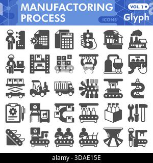 Symbolsatz für Glyphen in der Pflanzenbearbeitung, Sammlung von Fertigungssymbolen oder Skizzen. Fabrikausstattung, Logistik, Management-Glyphe-Zeichen für Web und App. Stock Vektor