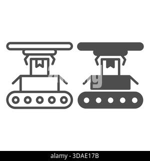 Förderband mit Boxen, Waren, Roboterarmlinie und solidem Symbol, Fertigungskonzept, Verpackung mit Roboterklauenschild auf weißem Hintergrund, Umrissstil Stock Vektor