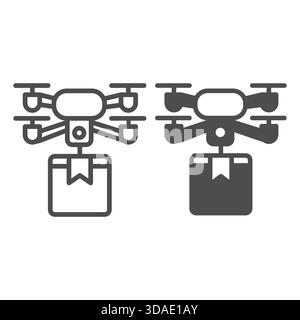 Drohne für den Transport von Waren Linie und festes Symbol, Transportgerätekonzept, Kopter und Paketzustellschild auf weißem Hintergrund, Umrissstil i Stock Vektor