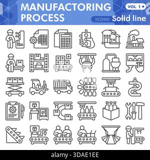 Durchgehende Linie für die Fertigung, Sammlung von Symbolen für Fabrik, Anlagentechnologie oder Skizzen. Ausrüstung und logistische Schilder in linearer Form für Web und App Stock Vektor