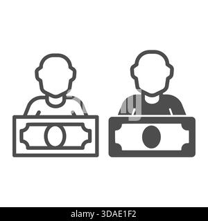 Mann und Geld Bargeldlinie und solides Symbol, Gehaltszahlungskonzept, Person mit Dollar Banknotenvektorzeichen auf weißem Hintergrund, Umrissstil Symbol für Mo Stock Vektor