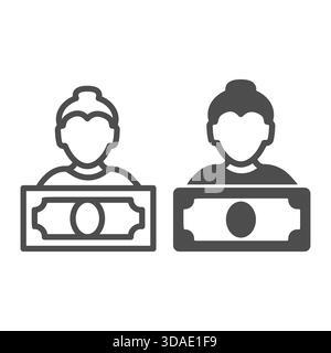 Frau und Banknotenlinie und solides Symbol, Gehaltszahlungskonzept, Person mit Papier-Dollar-Geld-Vektorzeichen auf weißem Hintergrund, Umrissstilicon für Stock Vektor
