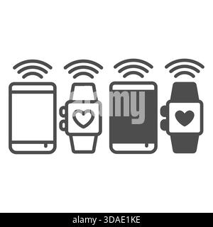 Smartphone mit intelligentem Armband am Handgelenk und Signallinie und festem Symbol, intelligentes Gerätekonzept, Fitnesstracker-Schild auf weißem Hintergrund, Outline Style IC Stock Vektor