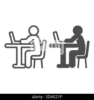 Person Arbeit auf Laptop Linie und solides Symbol, Arbeit von zu Hause Konzept, Arbeiter sitzt im Stuhl am Schreibtisch Vektorzeichen auf weißem Hintergrund, Umrissstil Symbol fo Stock Vektor
