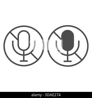 Kein Symbol mit Mikrofonlinie und durchgehendem Symbol, Verbotskonzept, Werbung und Aufnahme mit Mikrofon ist verboten Schild auf weißem Hintergrund, Umrissstil Stock Vektor