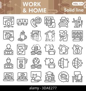 Arbeiten Sie von einer Symbolgruppe aus, einer externen Beschäftigung, einer Sammlung von Online-Jobsymbolen oder Skizzen aus. Lineare Schilder für den Arbeitsplatz und die Arbeitsumgebung für Web und App Stock Vektor