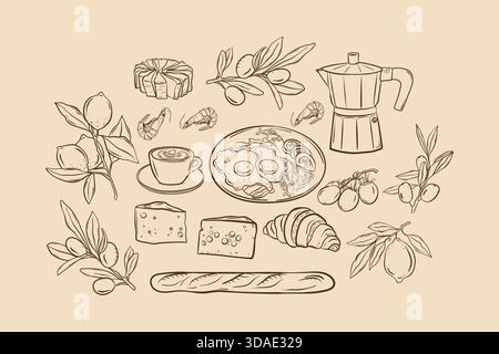 Das Frühstück wurde von Hand gezeichnet, französischer Frühstückskaffee mit Croissant und sonnigen Eiern. Doodle-Sammlung von leckeren und gesunden Snacks Stock Vektor