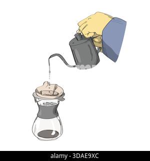 Händisch heißes Wasser in Tropfer Illustration Vektorskizze mit schwarzen Linien gießen Stock Vektor