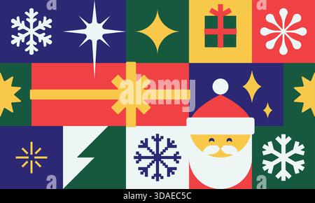 Abstraktes nahtloses Muster mit gemütlichem Weihnachtsambiente. Minimalistisches Raster mit dekorativen Symbolen für Winterferien. Einfache und klare flache Grafiken in quadratischen Formen. Design im skandinavischen Stil. EPS10-Vektor. Stock Vektor