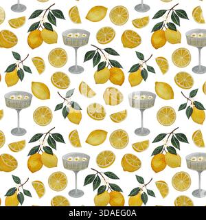 Dieses bezaubernde Aquarellmuster zeigt Zitronenzweige mit sattgrünen Blättern und Reifen Früchten, ergänzt durch ein erfrischendes Glas Limonade Stockfoto