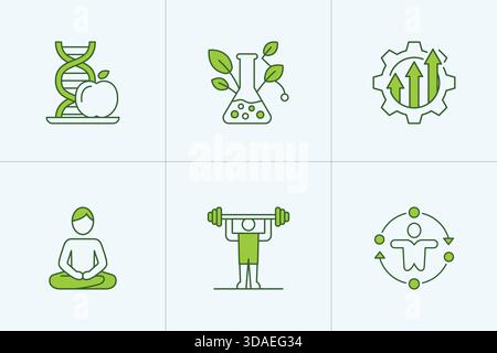 Biohacking-Symbole mit dna-Nährstoffforschung und ganzheitlichem Wellness Stock Vektor