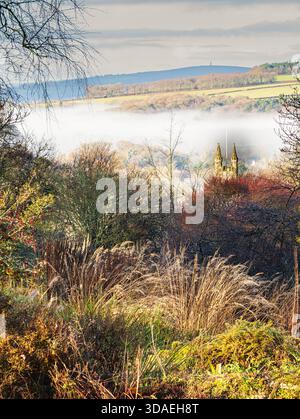 Blick über den Garden House Cottage Garden und Acer Glade auf die nebelige Landschaft hinter dem St. Andrews Kirchturm Stockfoto
