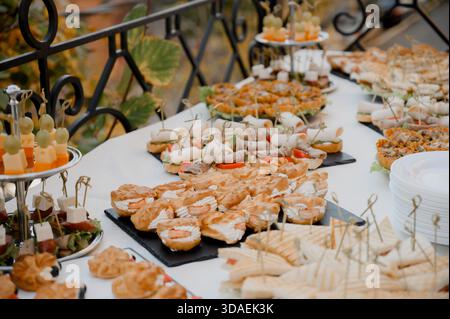 Ein Tisch mit exquisiten Snacks, Kuchen und Sandwiches für ein Buffet auf der Terrasse. Eine Vielzahl von Häppchen, Eclairs und Tartlets für einen festlichen Tisch im an Stockfoto