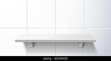Realistisch weißes Regal im Badezimmer an der Wand mit quadratischen Keramikfliesen. Toilette innen. Leeres Rack. Toilettenmöbel. Oberfläche der Staufach. Reinigen Sie die Ku Stock Vektor