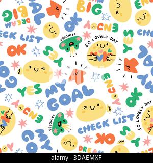 Lustige Comic-Sonnen und Pfeile mit positiven Phrasen nahtlos Muster. Glückliches Emoticon mit hübschem Schriftzug. Fröhliches Froschgesicht. Wiederholter Druck. Checklis Stock Vektor