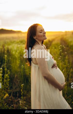 Eine schwangere Frau steht auf einem sonnendurchfluteten Feld und lächelt sanft in die Kamera. Sie umarmt ihren Bauch mit beiden Händen, umgeben von üppigem Grün und warm Stockfoto