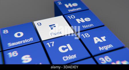 Detailansicht des chemischen Elements F Fluor mit der Atomzahl 9 innerhalb des Periodensystems der Elemente in Deutsch. Dynamisches Dispergieren Stockfoto
