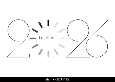 2026 Happy New Year, schwarze Ladestange. Symbol für dekorative Ladungen. Digitaluhr. Ziffern des Computernetzwerks. Vektorabbildung isolierte Grafik Stock Vektor