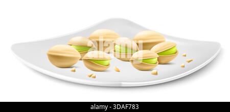 Pistachios on a white porcelain plate isolated on white background. Natural organic food. Realistic nuts. pistachio kernels are ripe and tasty, a sour Stock Vektor