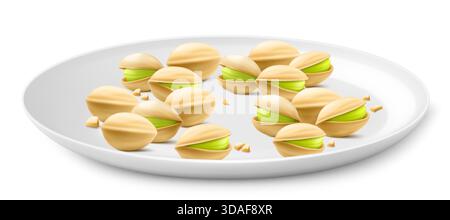Pistachios on a white porcelain plate isolated on white background. Natural organic food. Realistic nuts. pistachio kernels are ripe and tasty, a sour Stock Vektor