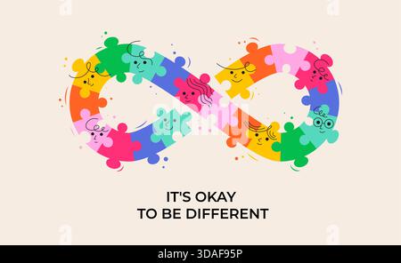 Infinity-Symbol mit lustigen Kindergesichtern aus bunten Puzzleteilen. Autismus-Bewusstsein und Autistic Pride Day Konzept Design, Banner und Poster Stock Vektor