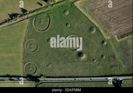 Oakley Down Barrow Cemetery, Dorset. Bronzzeitliche Hügel, Scheiben- und Schüssel-barrow-Inhumation und Einäscherungsbeerdigungen. Ackling Dyke Roman Road oben links Stockfoto