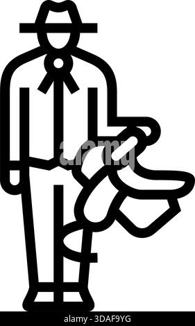 Cowboy, der eine Sattel-Linie-Symbol-Vektor-Illustration packt Stock Vektor