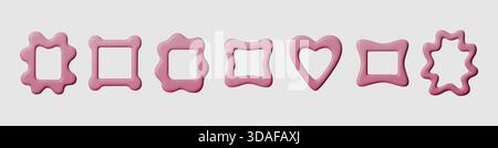 3D-Rahmenset mit gewelltem Rahmen, niedliches rosafarbenes Rechteck- und Kreisform mit Retro-Rändern. Trendige Vektorrahmen- und Randsymbole für Foto, Text oder Stock Vektor