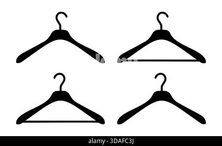 Kleiderbügel Symbole gesetzt. Schwarze Silhouettensymbole in Garderobe. Wäscheständer, Beispiele für Servicesymbole. Chemische Reinigung Flachbild, Kleidung Stock Vektor