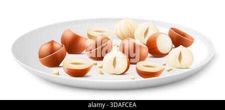 Haselnüsse auf einer weißen Porzellanplatte. Ganze und halbe Haselnuss isoliert auf weißem Hintergrund. Geschälte und ungeschälte Nüsse. Haselnusskerne sind reif und ta Stock Vektor