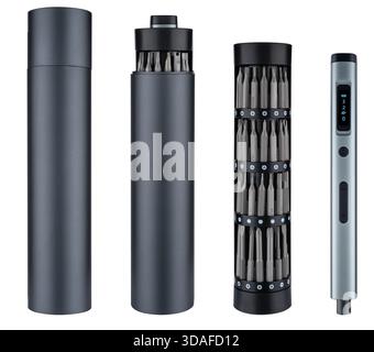 Elektrischer Mini-Schraubendreher mit Drehmomenteinstellung und einem Satz magnetischer Bits. Auf weißem Hintergrund in der Isolierung. Stockfoto