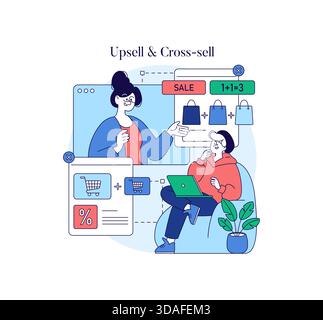 Vektorillustration, die Up- und Cross-Selling-Strategien zeigt, während zwei Personen über das Einkaufen sprechen. Enthält Elemente wie Verkaufsschilder und Einkaufssymbole, die Einzelhandelsstrategien betonen. Stock Vektor