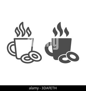 Eine Tasse Tee und zwei Bagels und ein festes Symbol, Getränkekonzept. Vektorgrafiken. Kekse mit Kräuter-Heißgetränk-Schild auf weißem Hintergrund, Umrissstil Stock Vektor