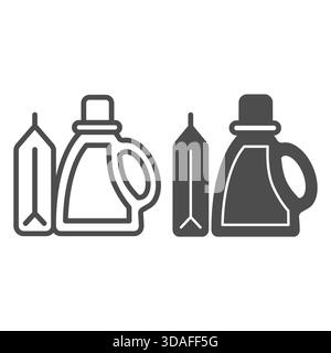 Flaschenlinie für Pulver und Feuchtigkeitspflege und festes Symbol, Waschkonzept. Vektorgrafiken. Waschmittel zum Waschen von Kleidung, Wäscheschild auf weißem Hintergrund, Stock Vektor