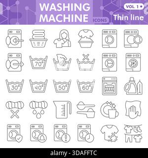 Waschmaschinensymbole Sammlung oder Skizzen, Waschmaschinendesign mit dünnen Linien für Web und App. Vektorgrafiken isoliert auf weißem Hintergrund Stock Vektor