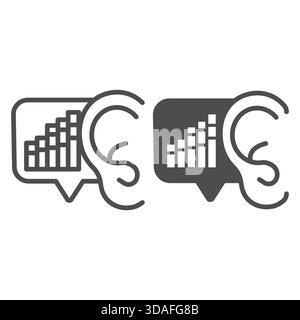 Ear- und Dialogblase mit Diagrammlinie und durchgehendem Symbol, Finanzierungskonzept. Vektorgrafiken. Aktienkarte und menschliches Ohr, verdienen Sie ein Talk-Zeichen auf weißem Hintergrund, Stock Vektor