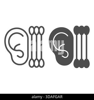 Ohr- und Ohrstöpsel-Linie und Solid-Symbol, Körperhygiene-Konzept. Vektorgrafiken. Menschliches Ohr mit sauberen Sticks, Reinigungsschild auf weißem Hintergrund, Umriss Stock Vektor