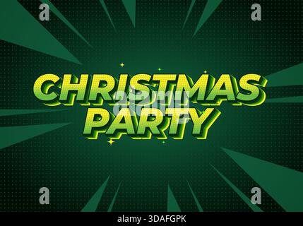 Ein lebendiges und festliches Grafikdesign mit dem Text „Christmas Party“ in kräftigen, grünen Buchstaben mit Sterneneffekt auf dunkelgrünem Hintergrund. Stock Vektor