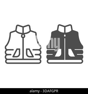 Jacke mit Taschen für die Arbeiterlinie und solidem Symbol, Arbeitskleidung-Konzept. Vektorgrafiken. Daunenjacke des Baumeisters, Sicherheitsschild auf weißem Hintergrund Stock Vektor