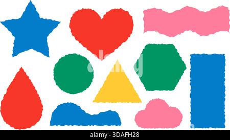 Helle bunte gezackte Formen einschließlich Stern Herz Dreieckskreis und Wolke isoliert auf transparentem Hintergrund. Stock-Vektor-Illustration in flachem Stall Stock Vektor